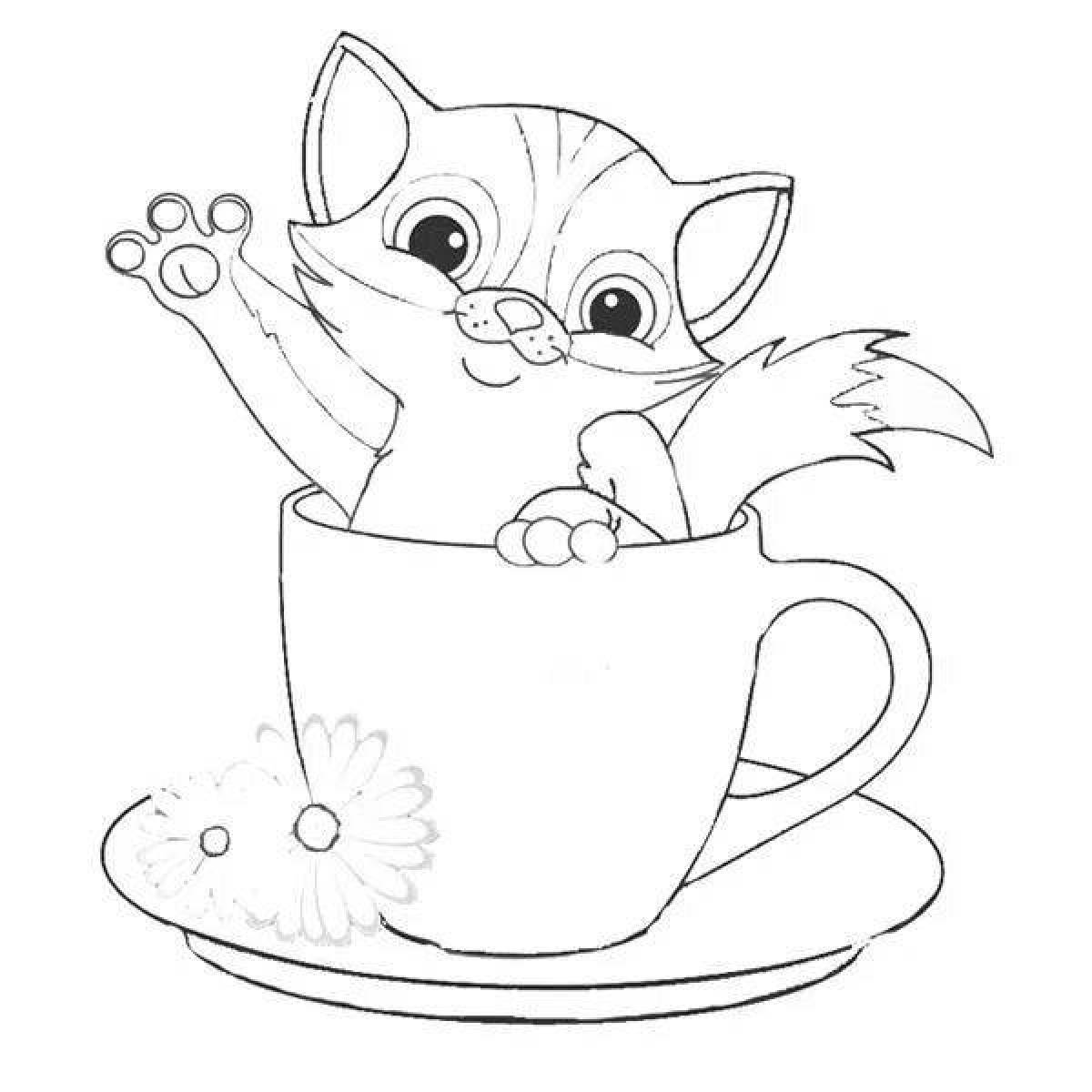 Coloring page cute cat in a mug