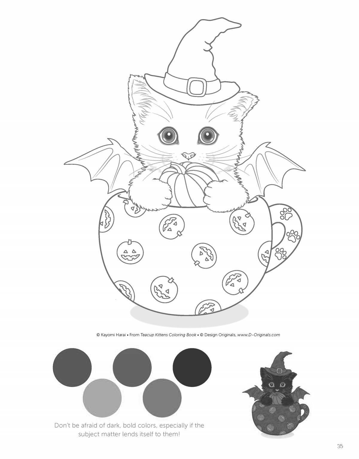 Coloring page affectionate cat in a mug
