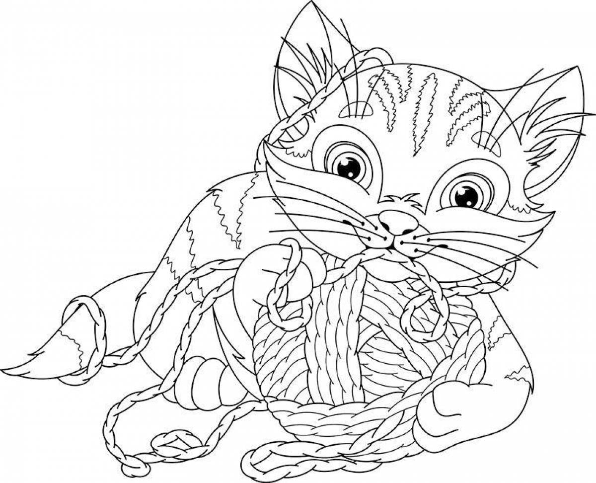 Котёнок и корзинка с клубками раскраска