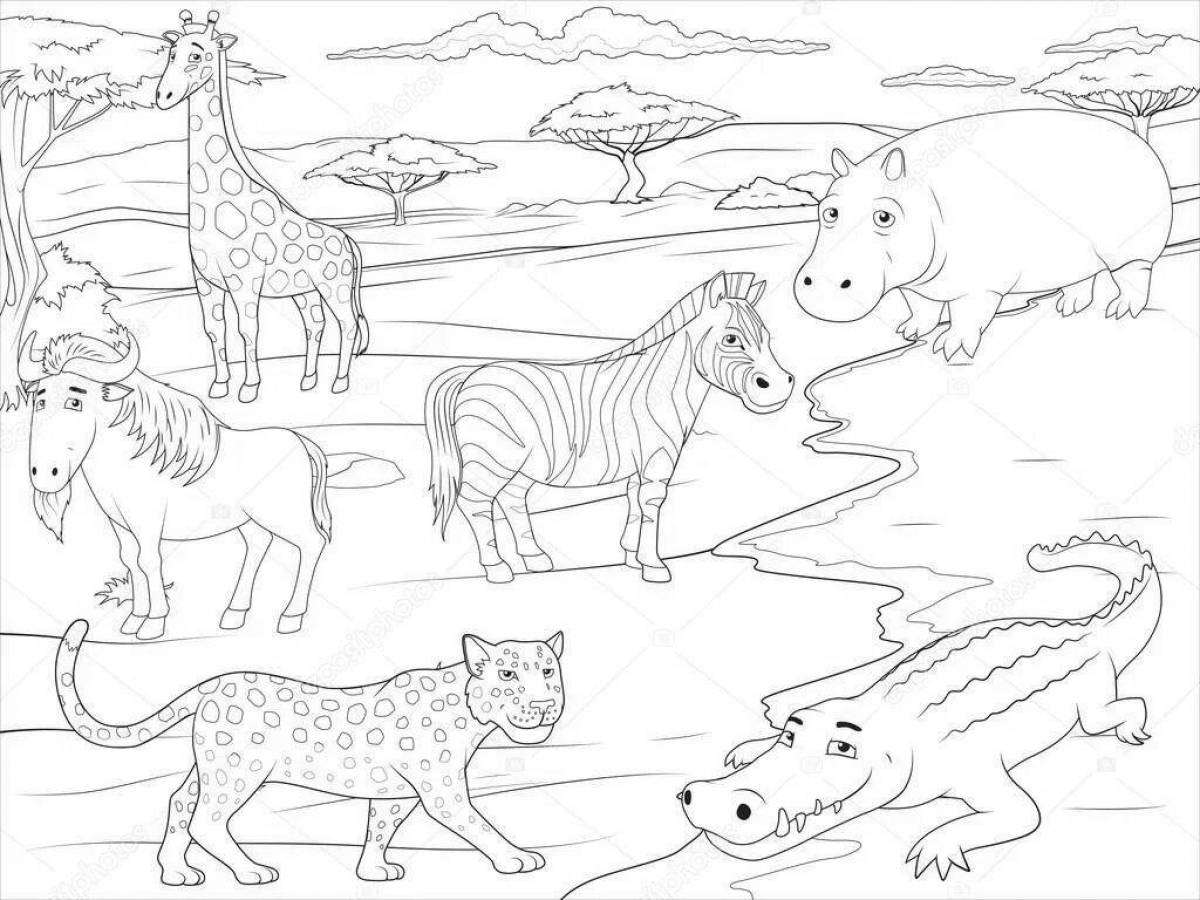 Веселая раскраска африканских животных для детей 6-7 лет