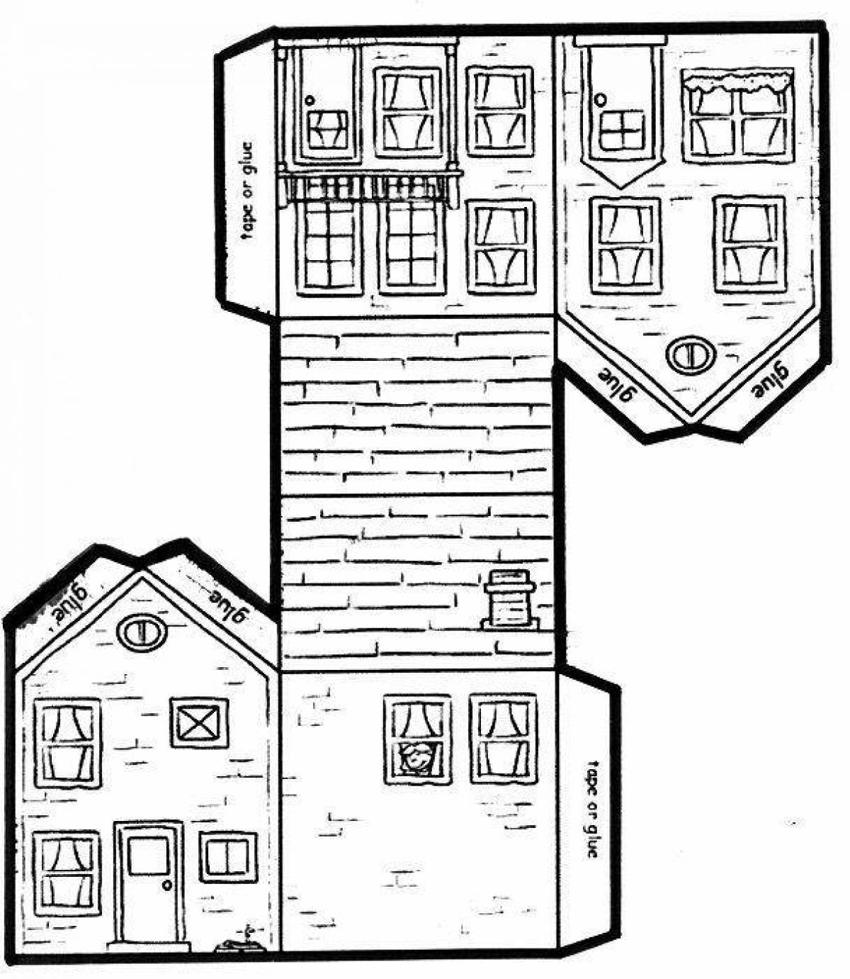 Playful paper house coloring page
