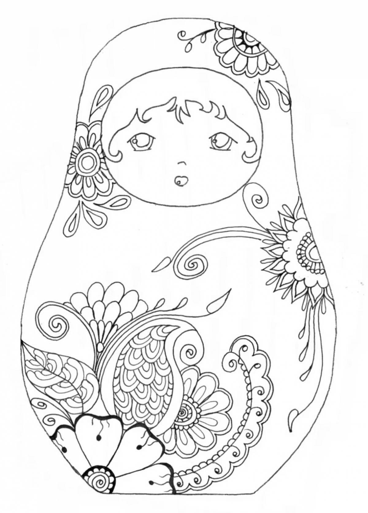 Coloring book joyful Khokhloma matryoshka