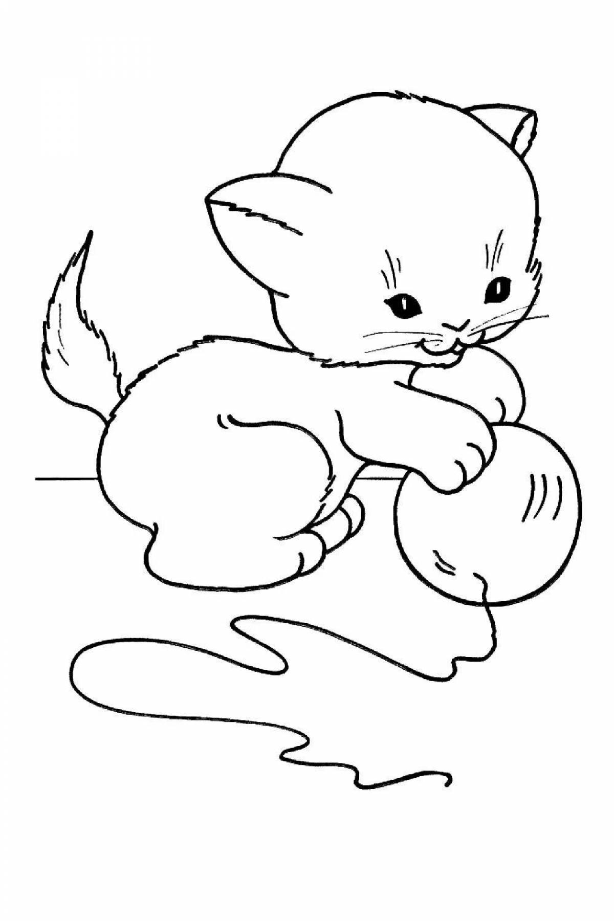 Coloring playful kitten with a ball