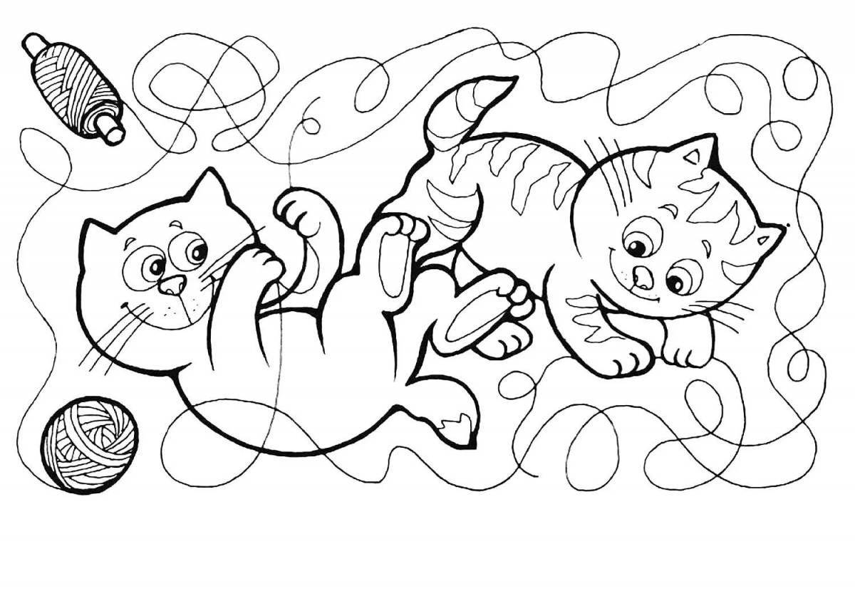 Coloring page happy kitten with a ball
