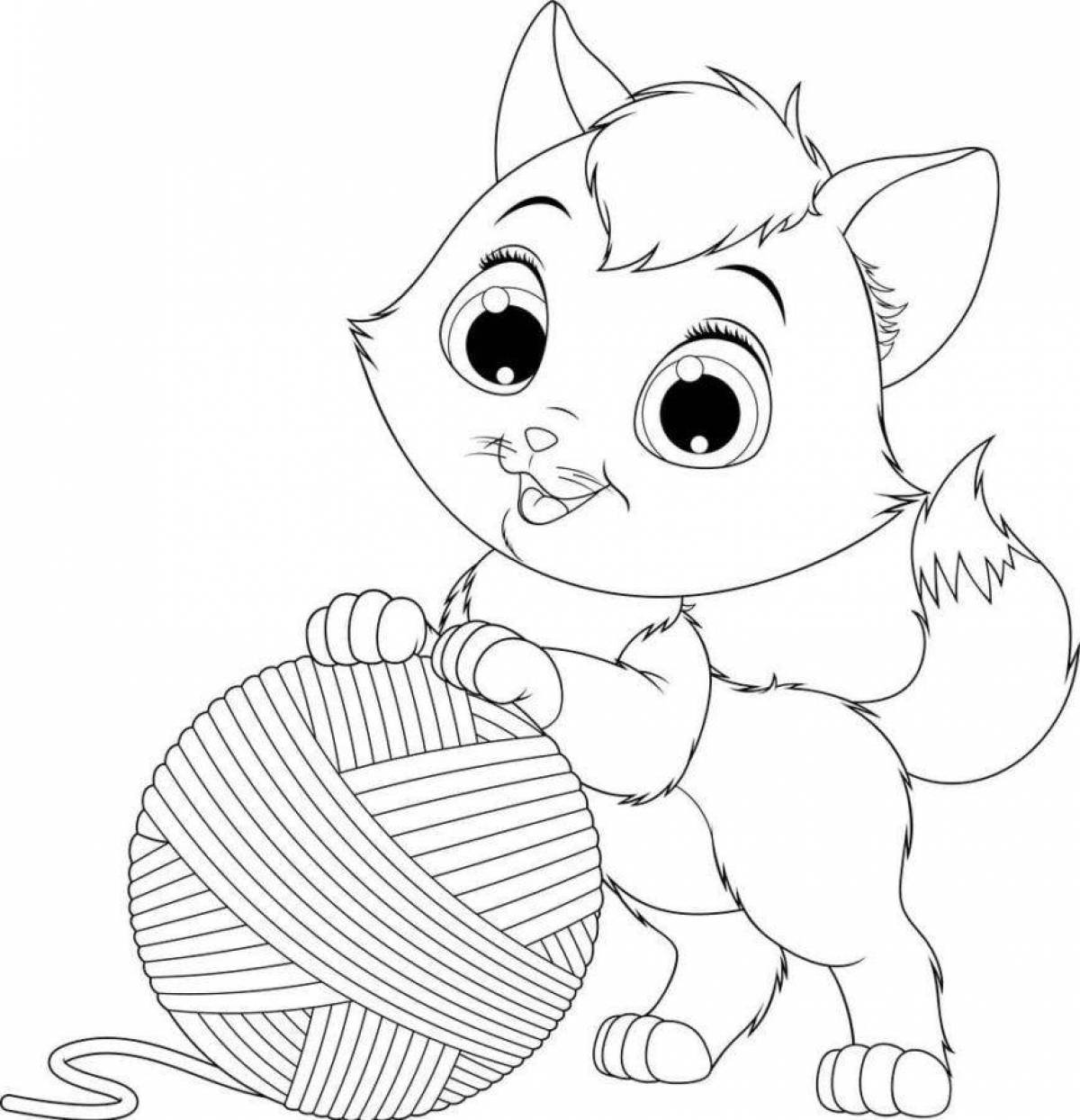 Раскраска озорной котенок с мячиком