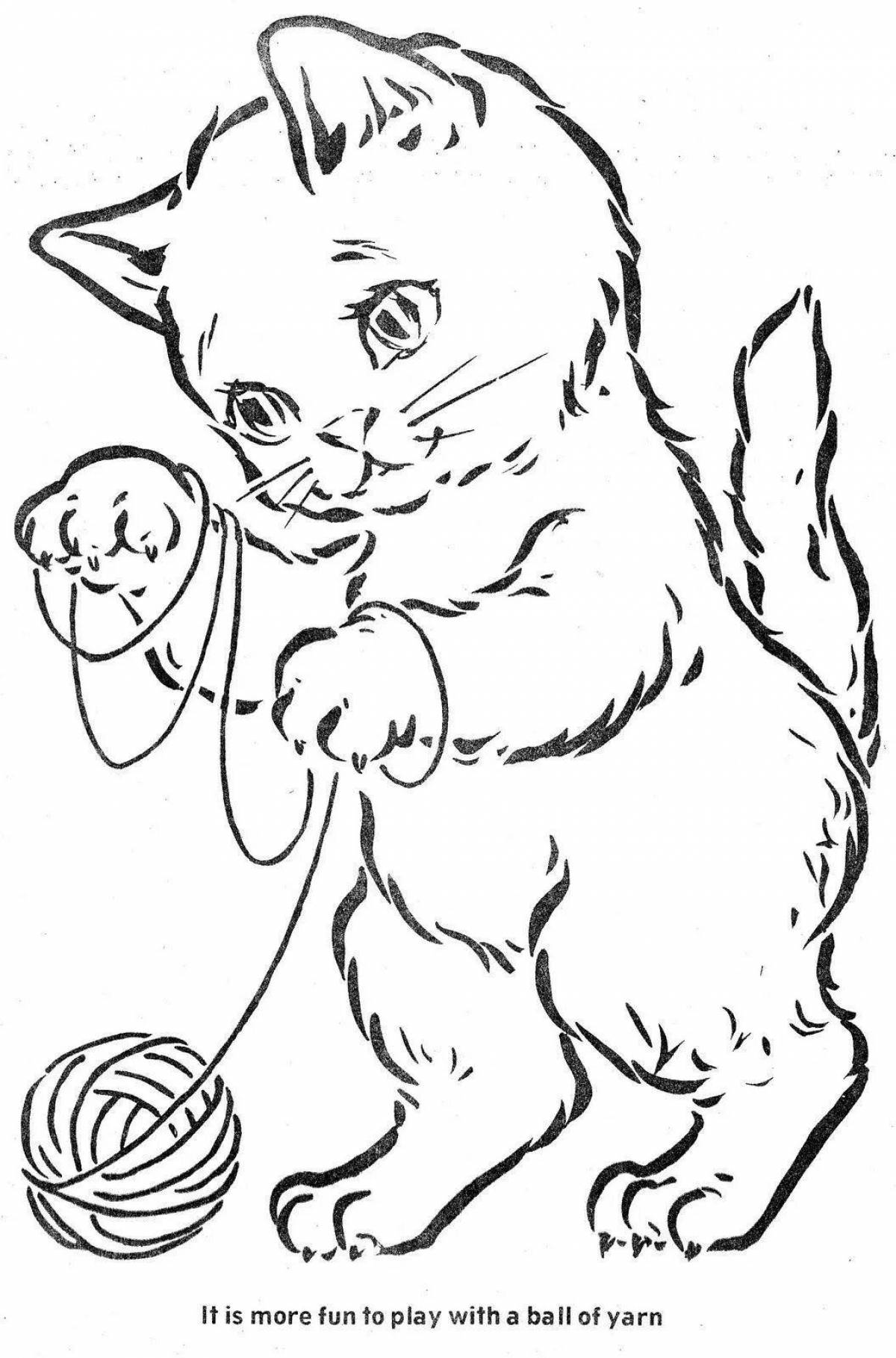 Coloring book smiling kitten with a ball