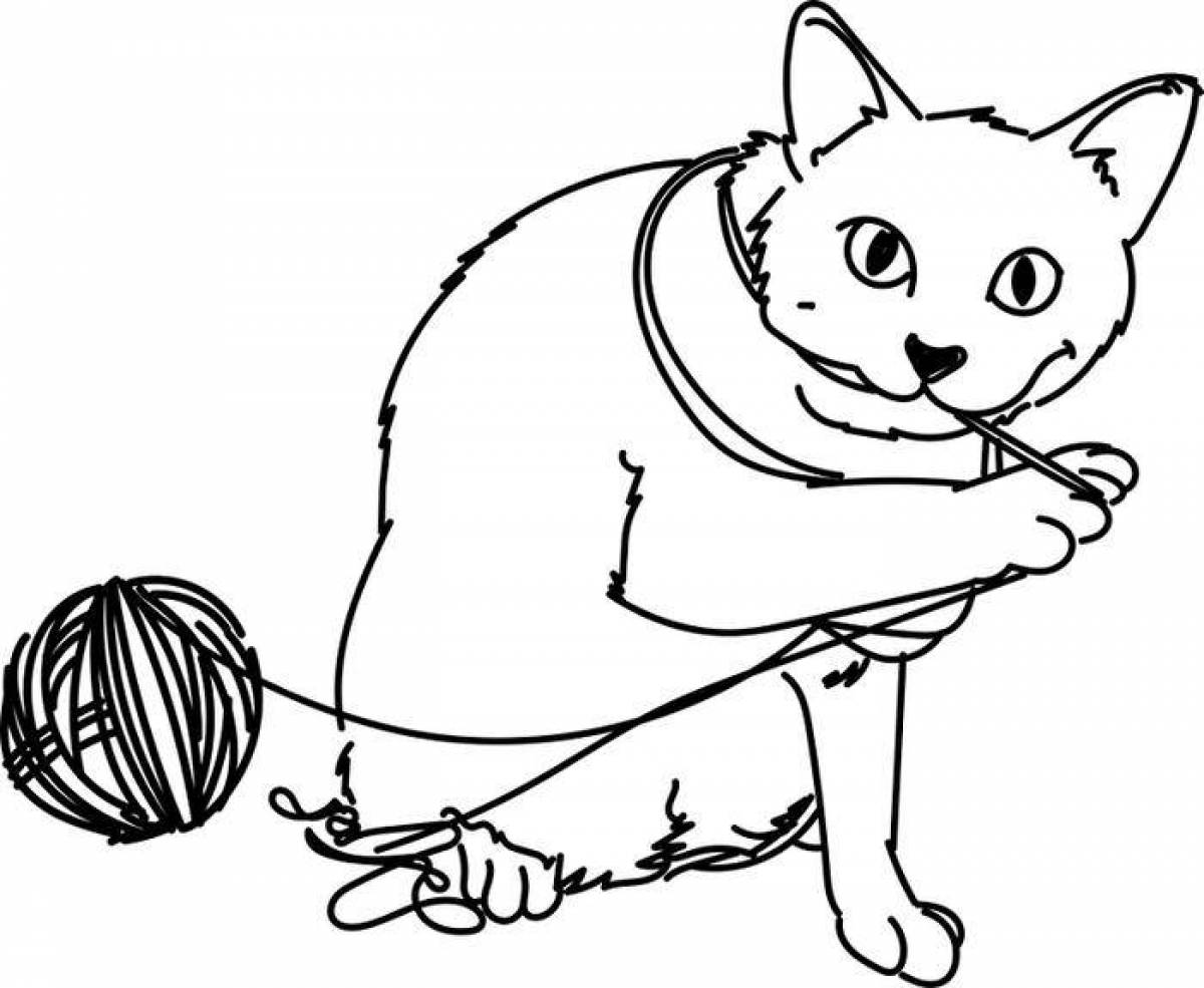 Coloring book smiling kitten with a ball