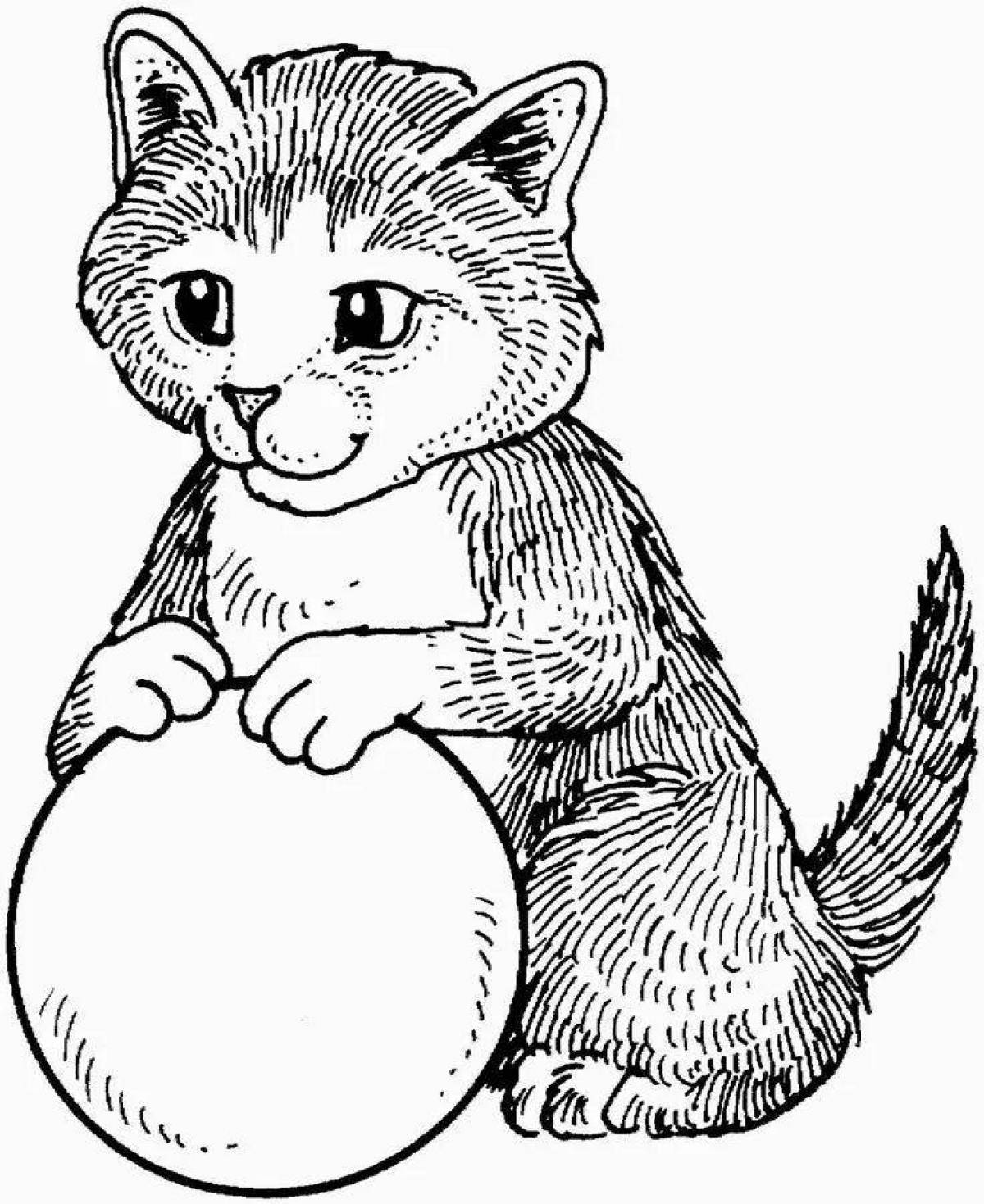 Coloring page friendly kitten with a ball