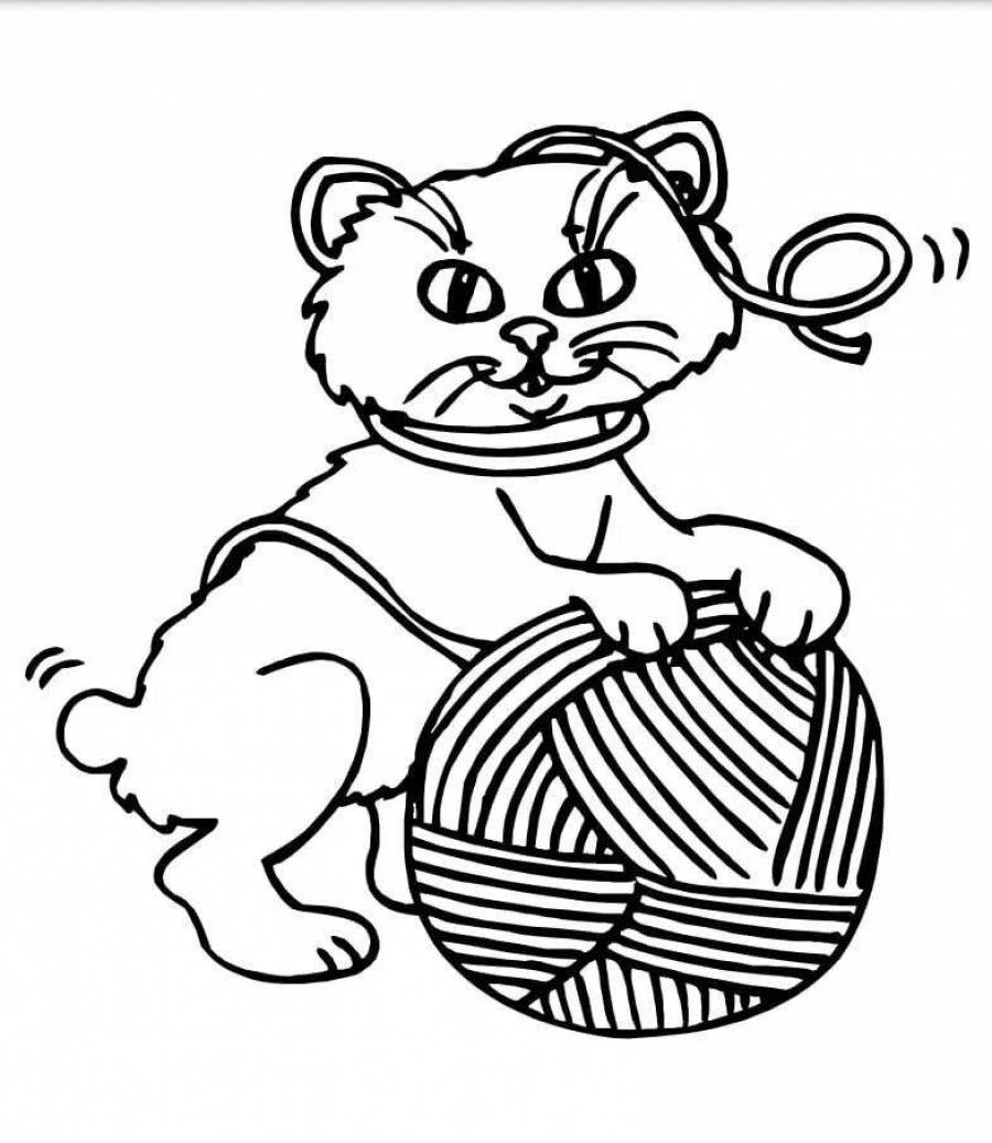 Раскраска кошка с клубком для детей
