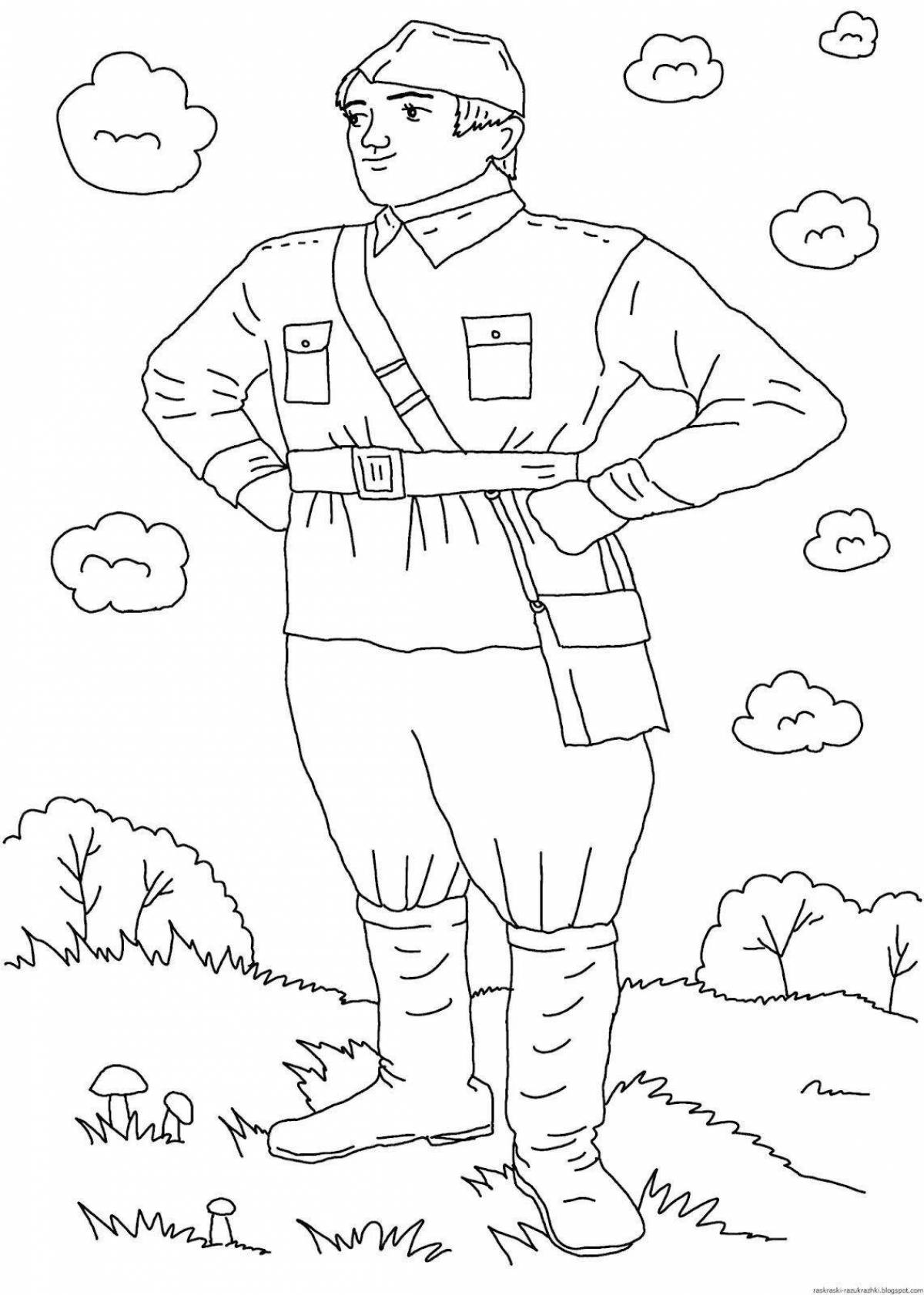Energetic soldier in postal drawing