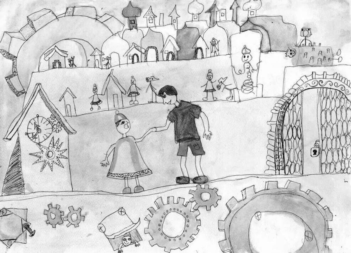 Coloring page cute town in a box