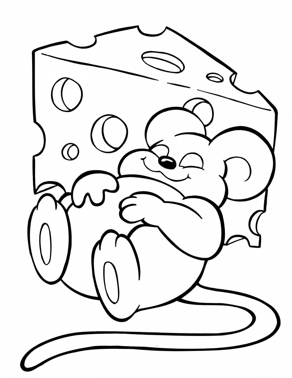 Coloring page mischievous little mouse with cheese