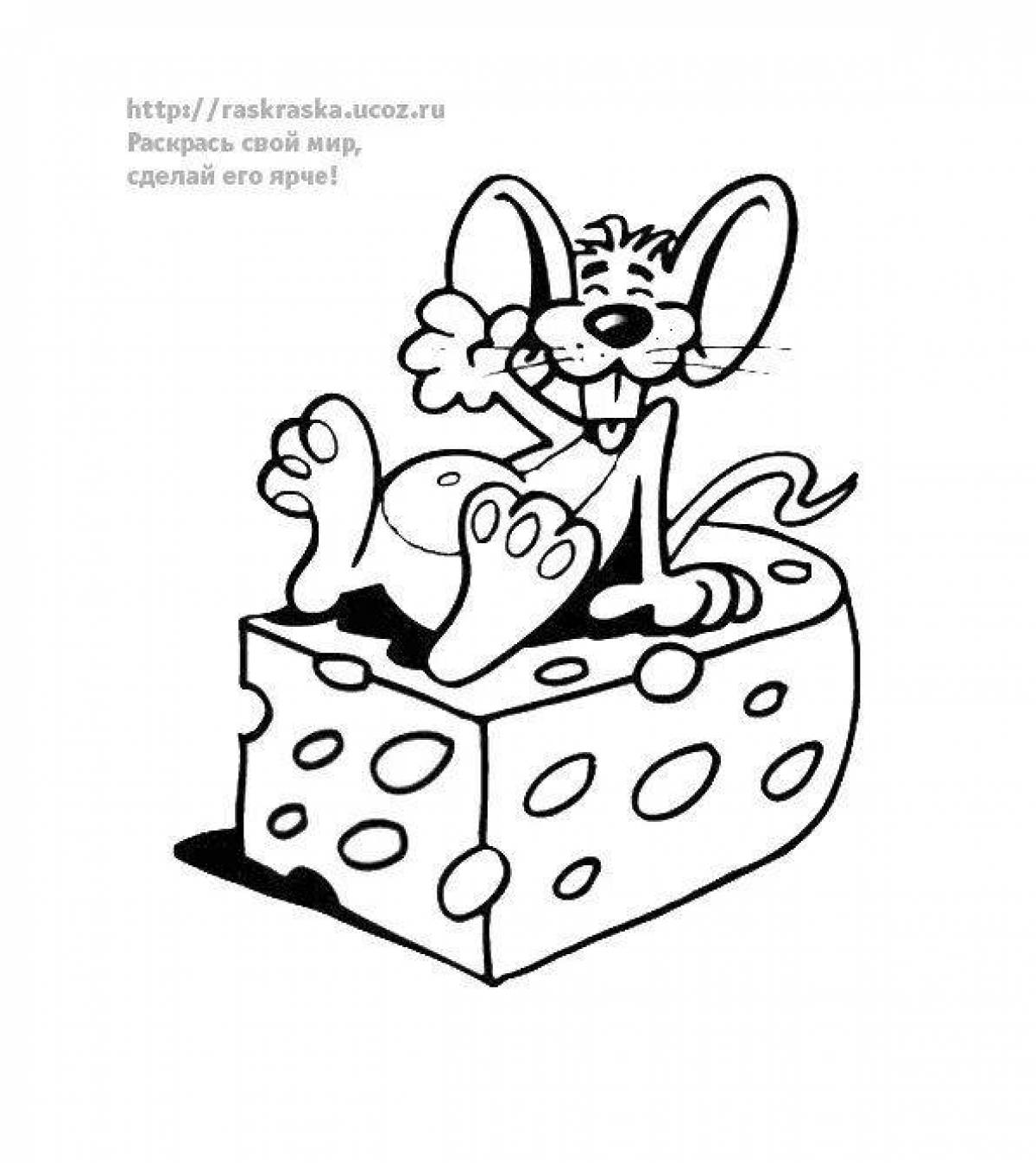 Coloring page expressive mouse with cheese