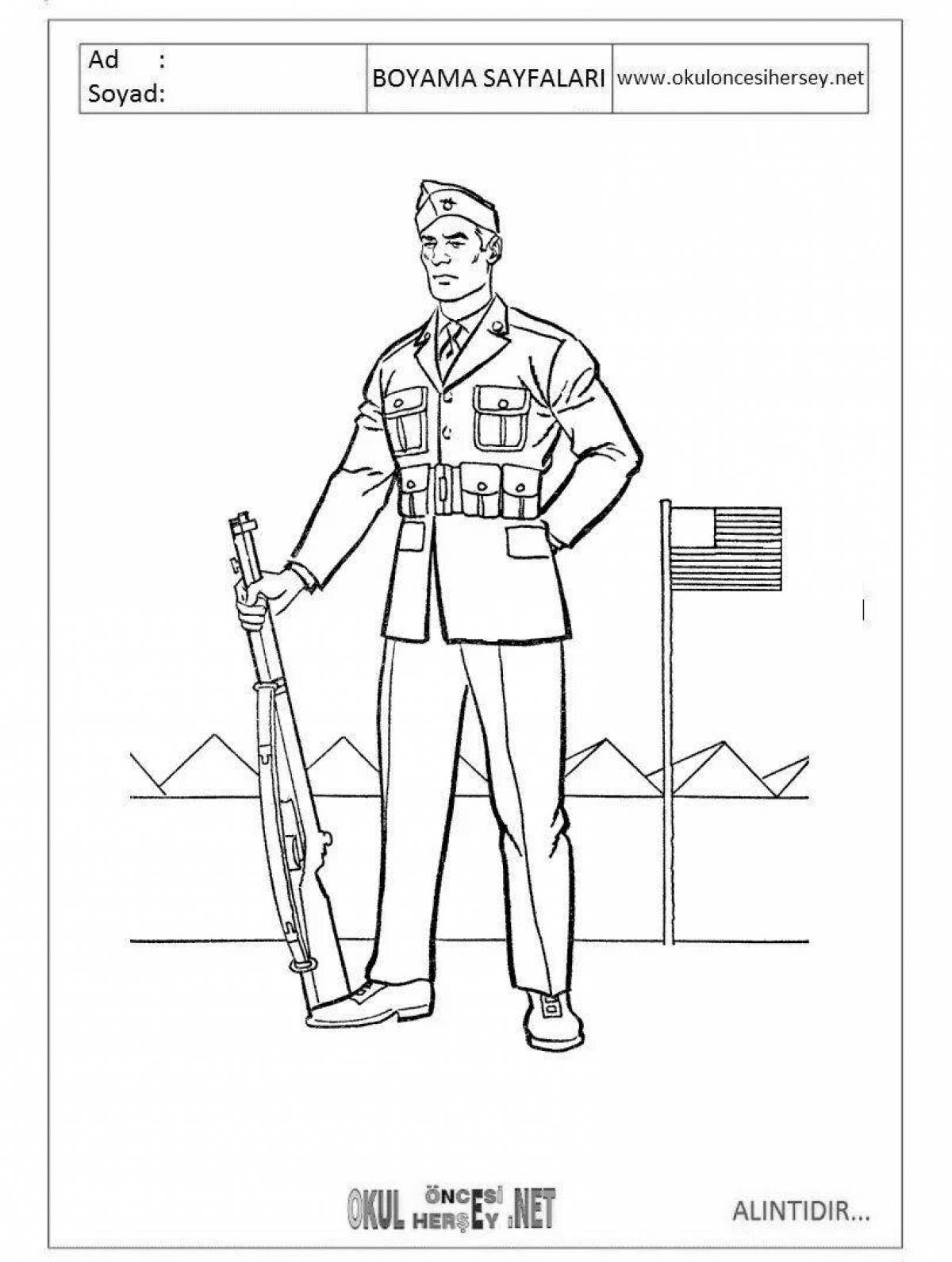 Dedicated coloring book of a soldier with a child