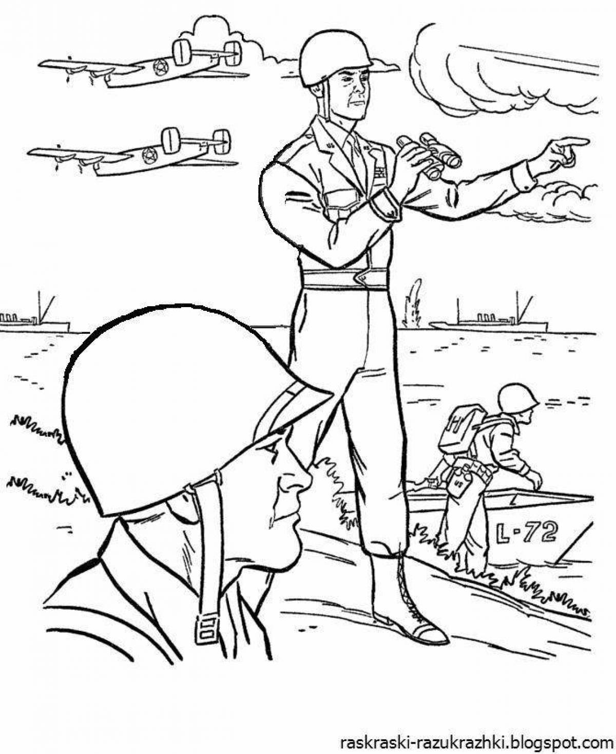 Coloring page faithful soldier with a child