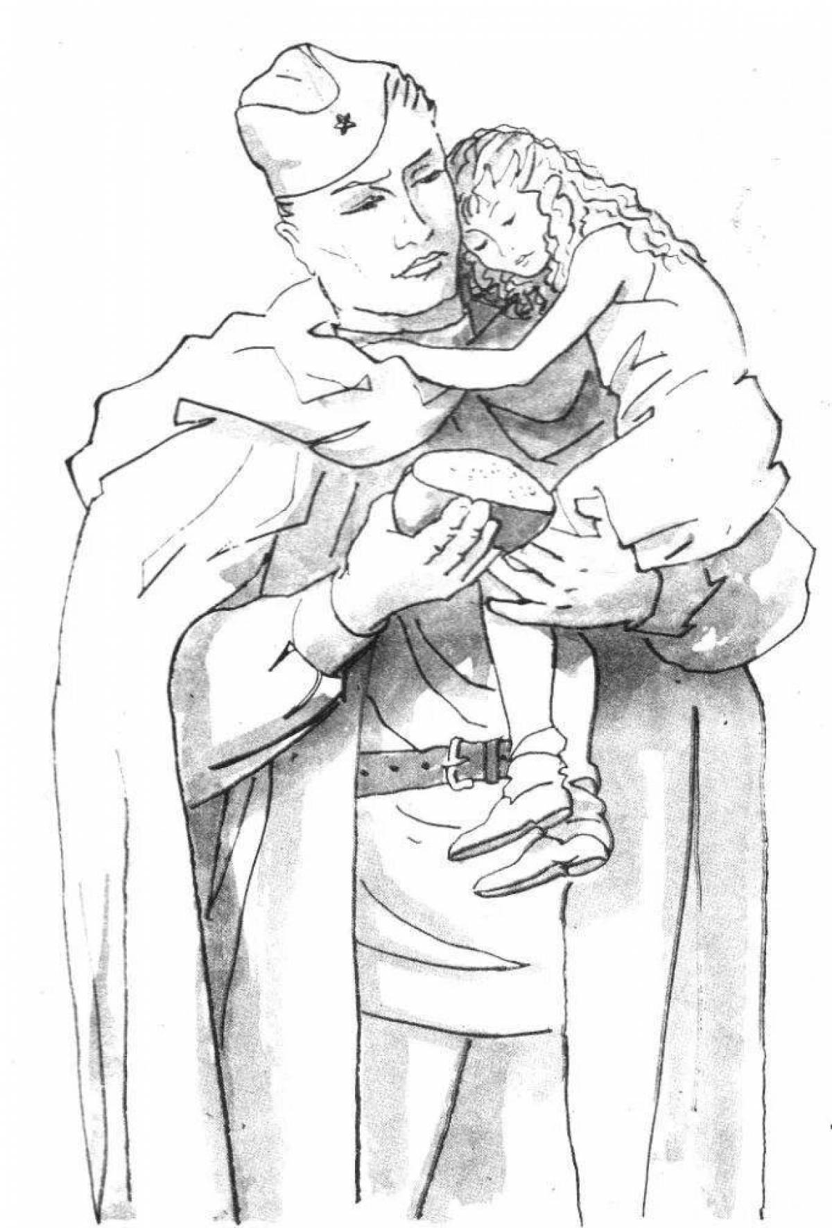 Радующая раскраска солдат с ребенком