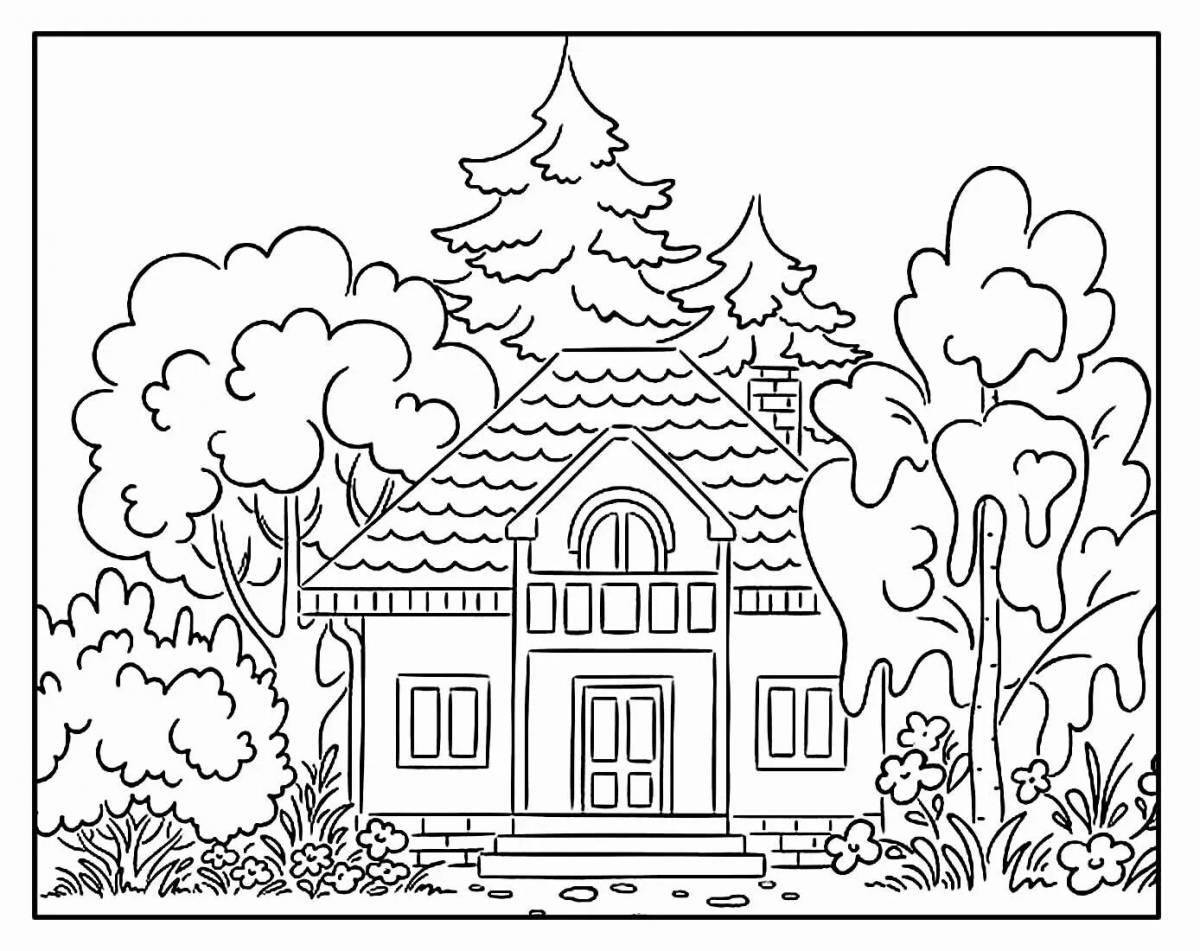 Веселая страница раскраски деревенского домика для детей