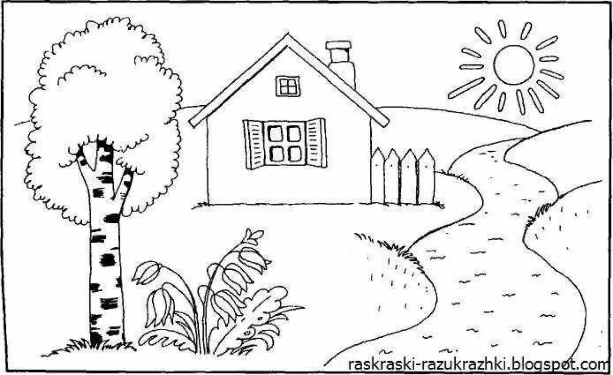 Coloring page magic village house for kids
