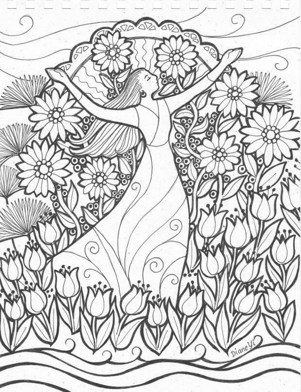 Adorable spring girl coloring book