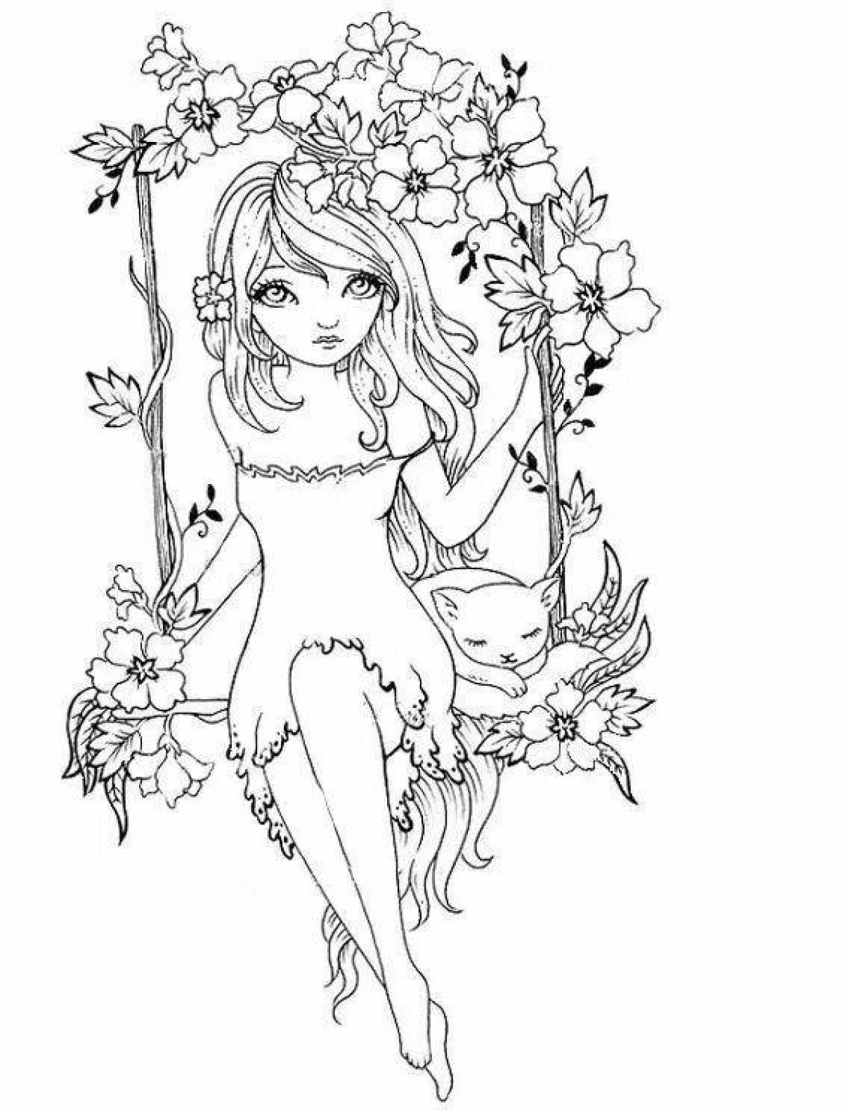 Playful spring girl coloring page