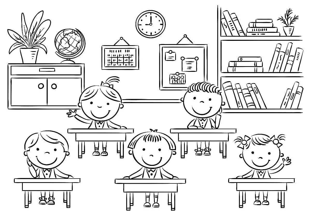 Bright coloring page in the classroom