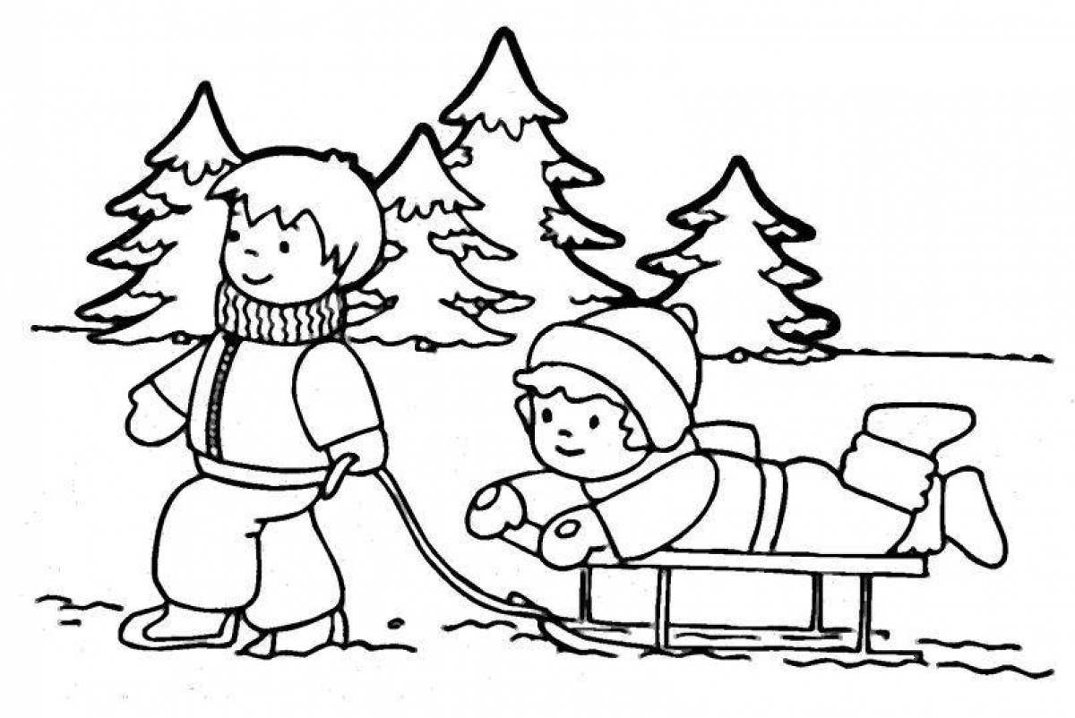 Coloring page joyful children sledding