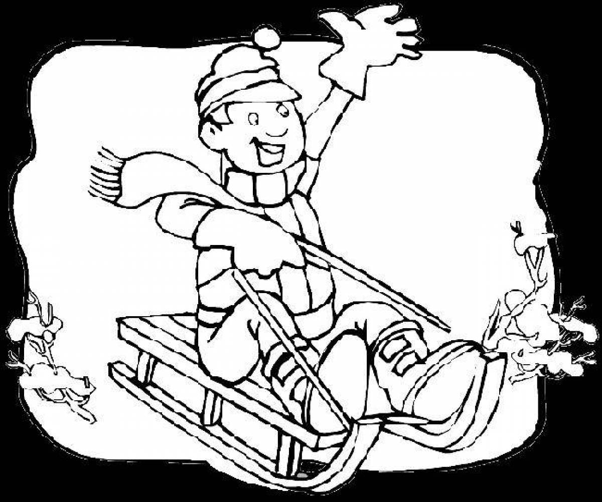 Animated coloring pages for children on a sled
