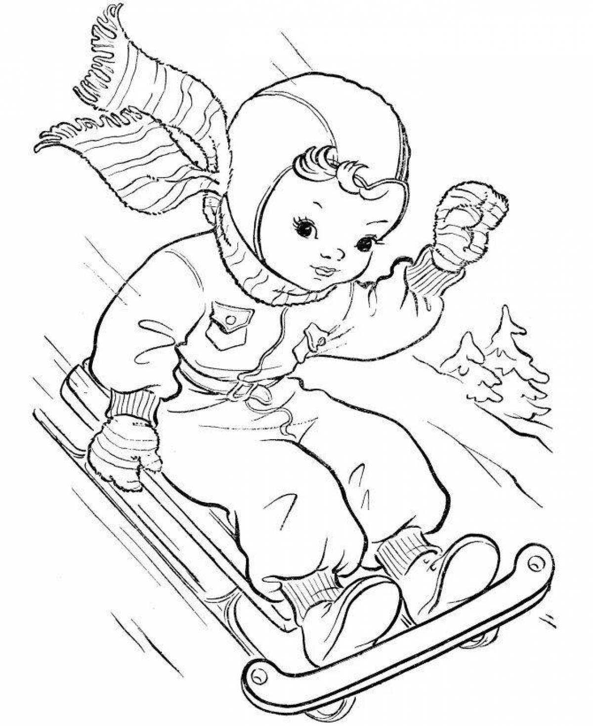 Coloring book glowing children sledding