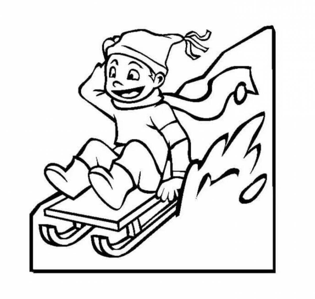 Coloring page enthusiastic children sledding