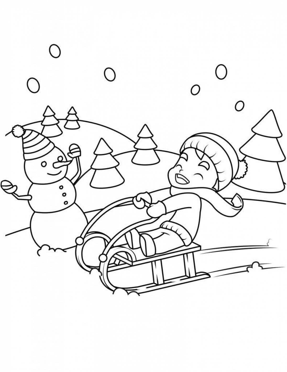 Coloring page energetic children sledding
