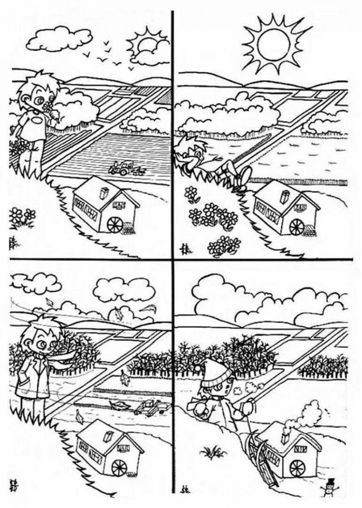 4 рисунка на 1 листе. Сезонные изменения в природе раскраска. Раскраска зимой летом и осенью и. Времена года раскрасить. Раскраска явления природы для детей.