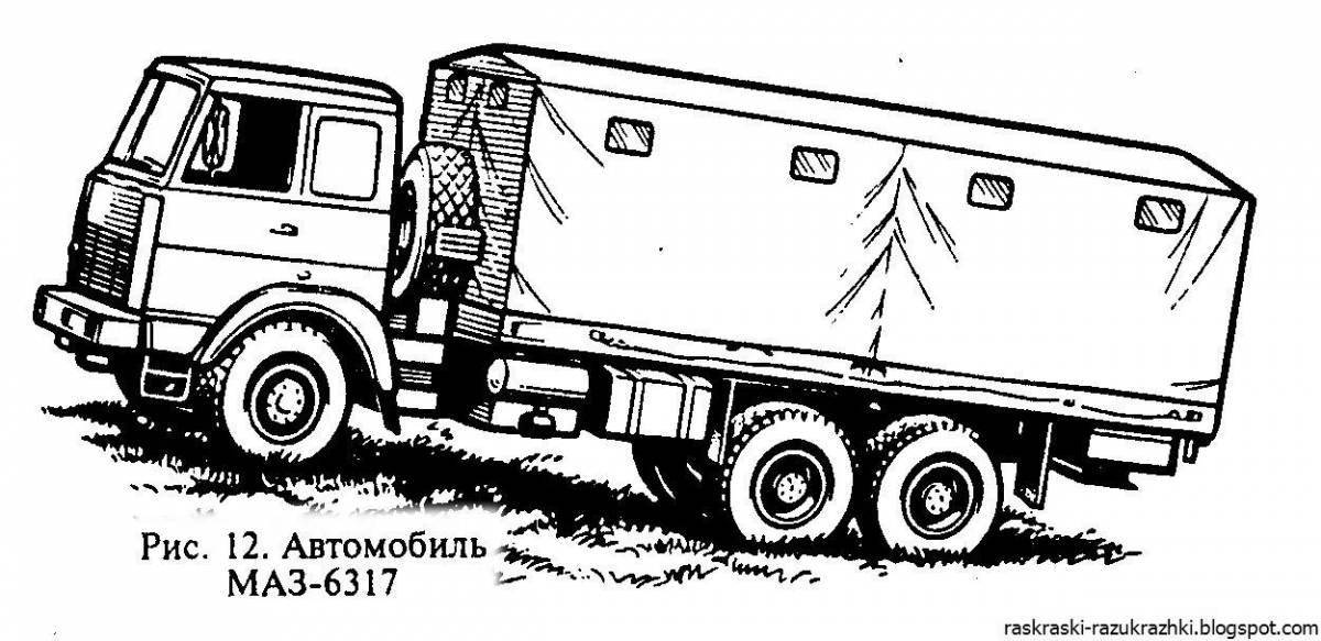 Coloring page decorated military KAMAZ