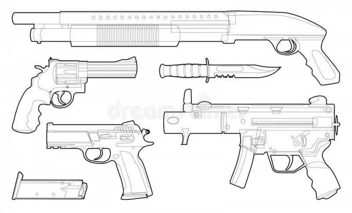 Bright coloring pages pistols and machine guns