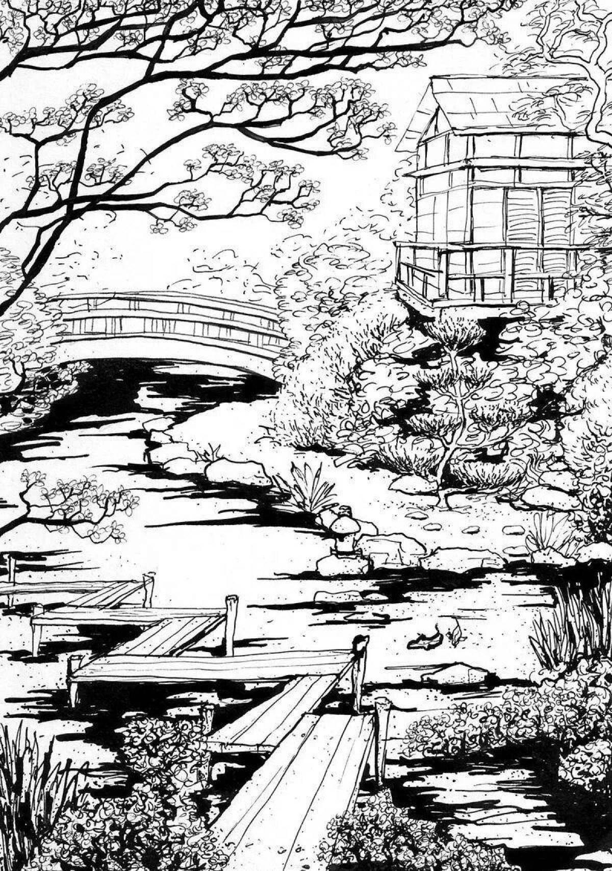 Coloring page lush japanese garden