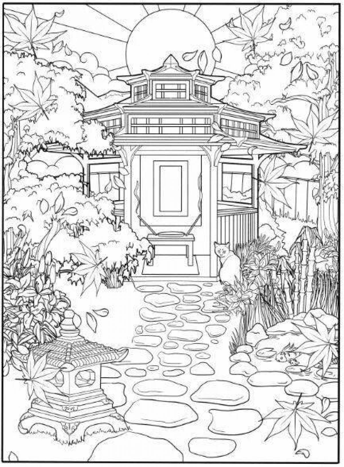 Majestic Japanese garden coloring page