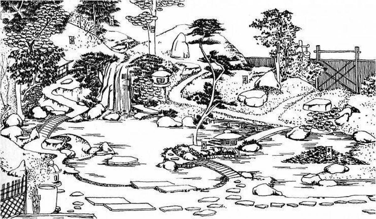 Japanese garden refreshing coloring page