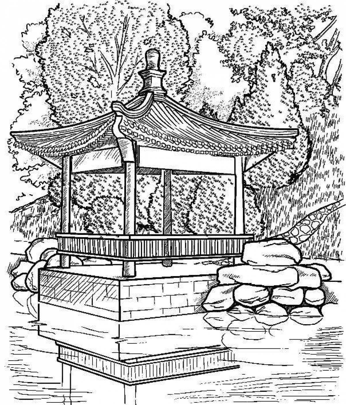 Coloring book glowing japanese garden