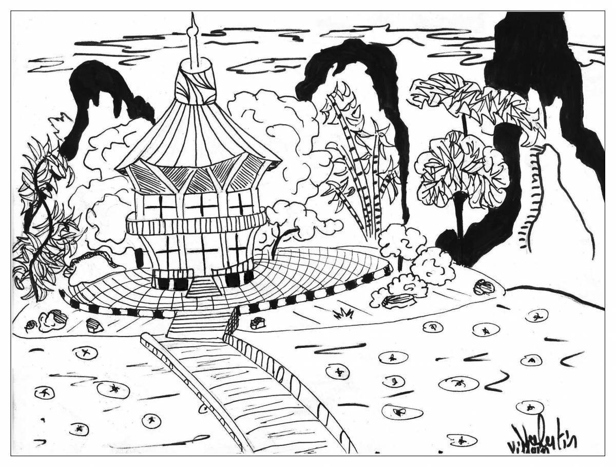 Blissful Japanese garden coloring page