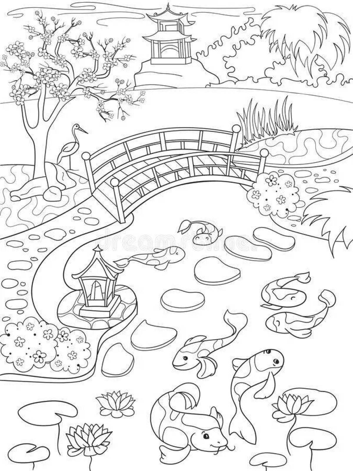 Coloring book magic japanese garden