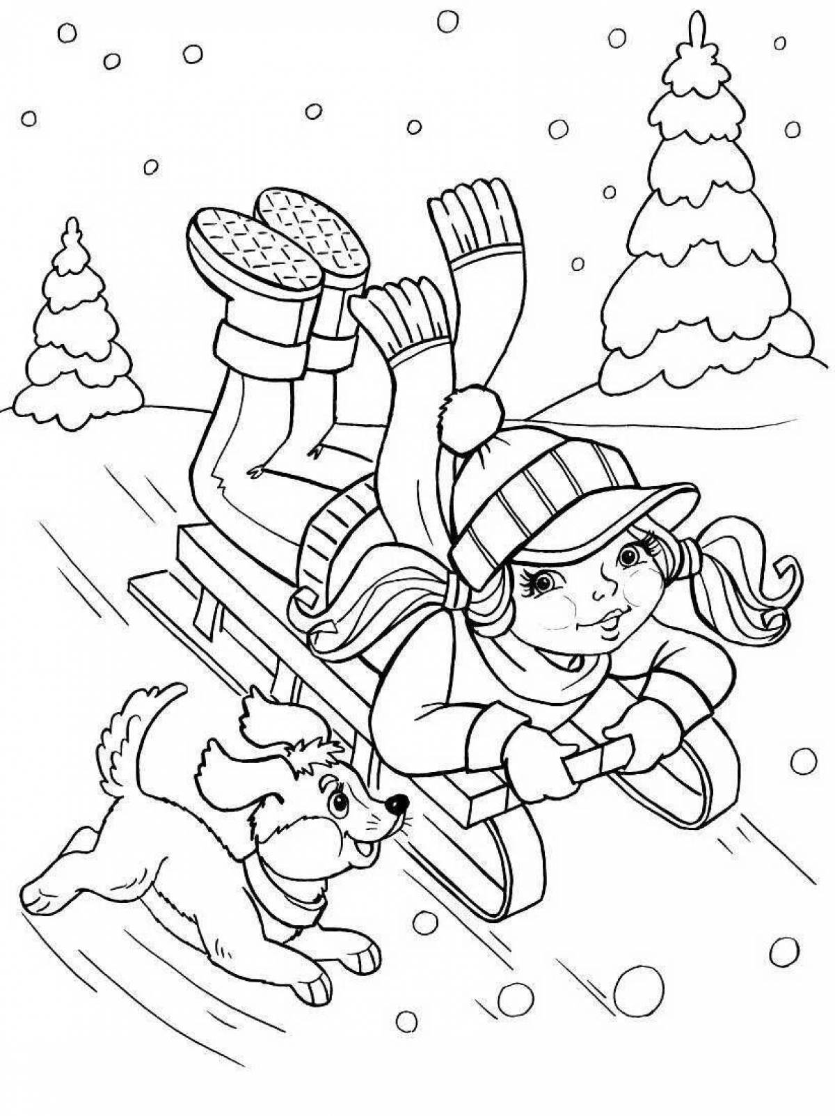 Delightful coloring drawing of winter fun