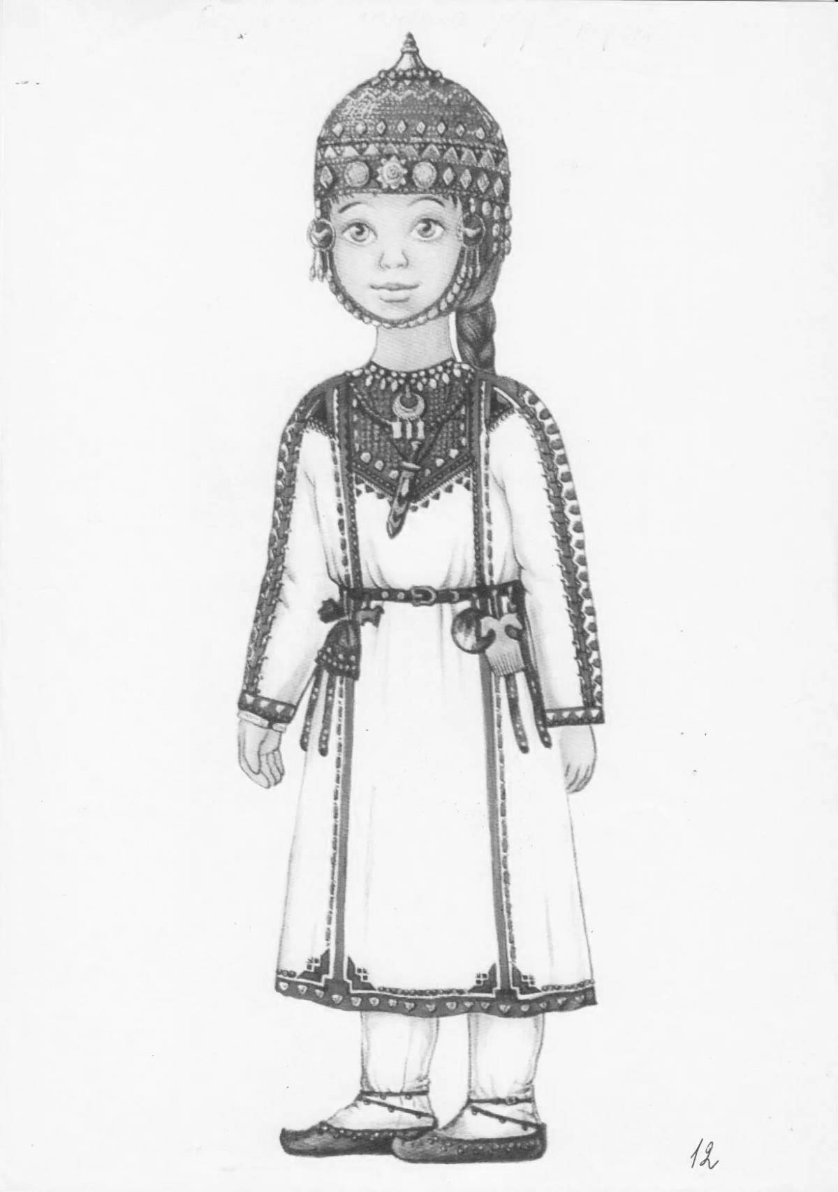 Coloring page magnificent Chuvash national costume
