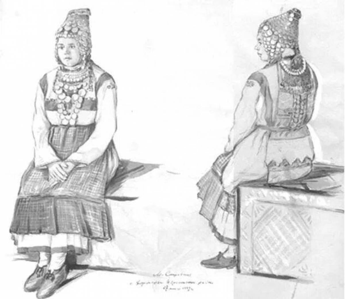 Coloring page playful Chuvash national costume