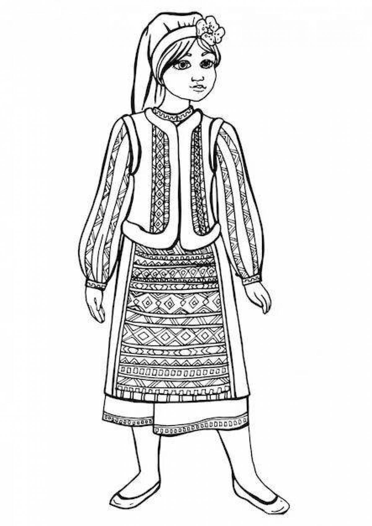 Coloring page cheerful Chuvash national costume