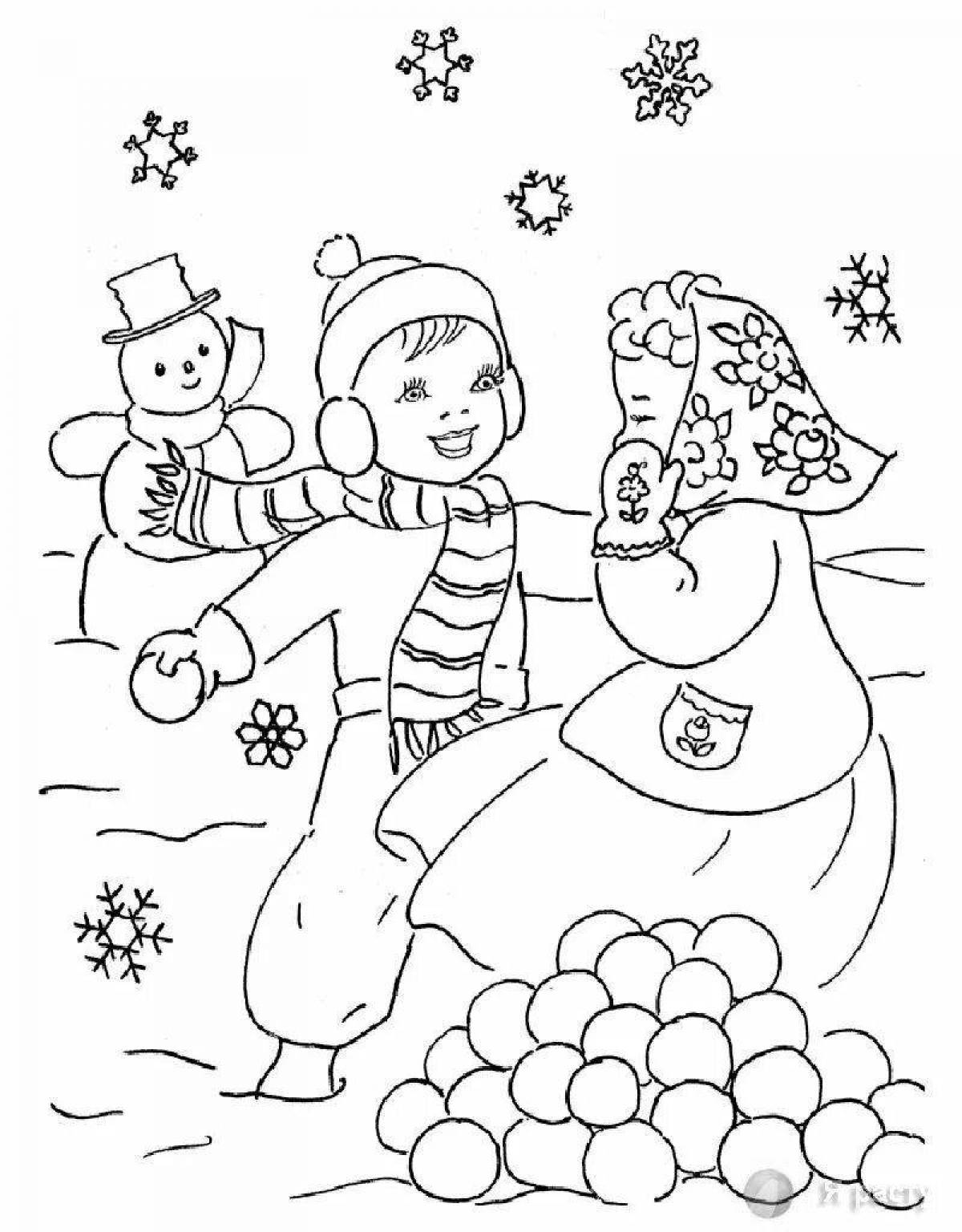 Coloring page joyful children playing snowballs