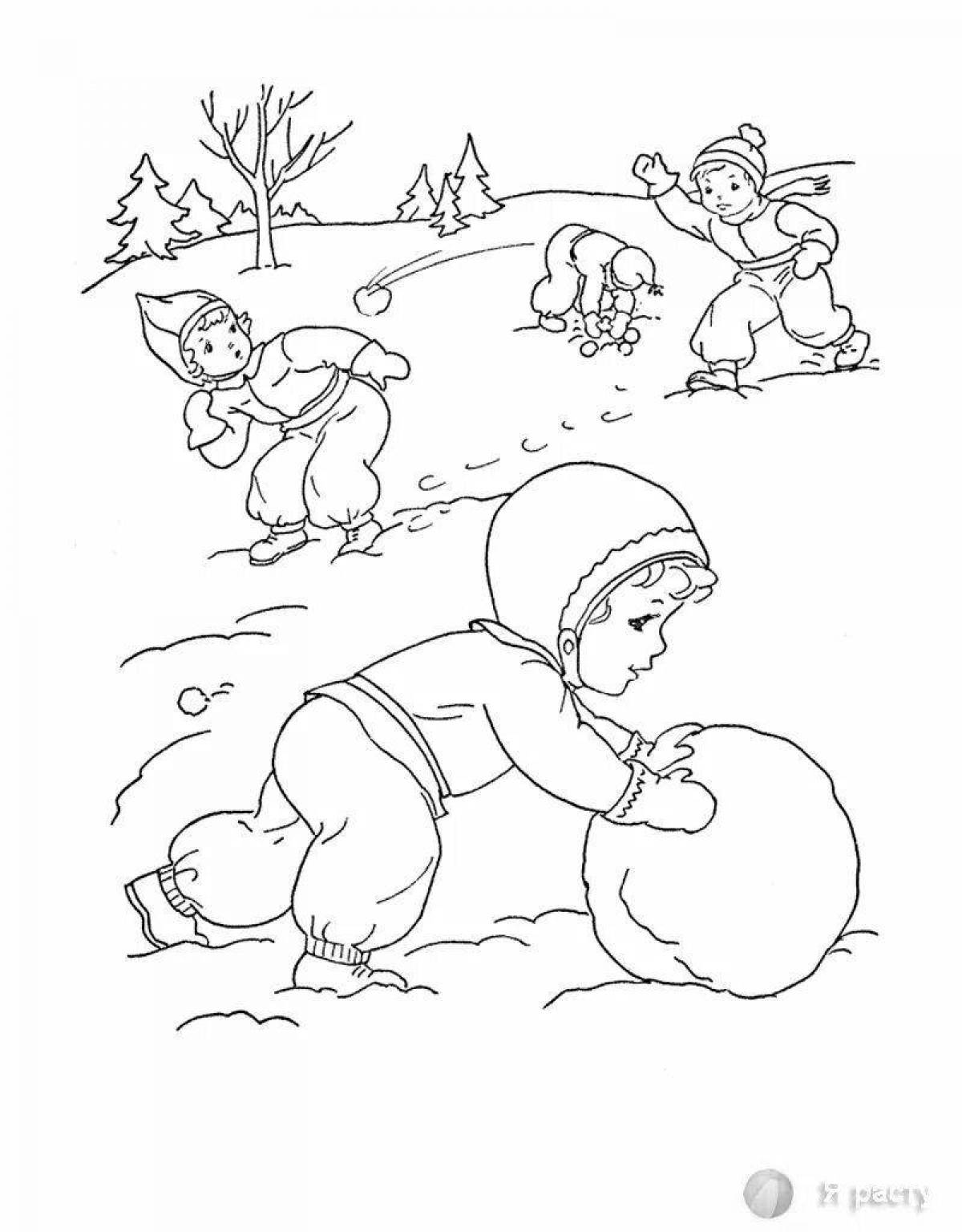 Coloring page holiday kids playing snowballs