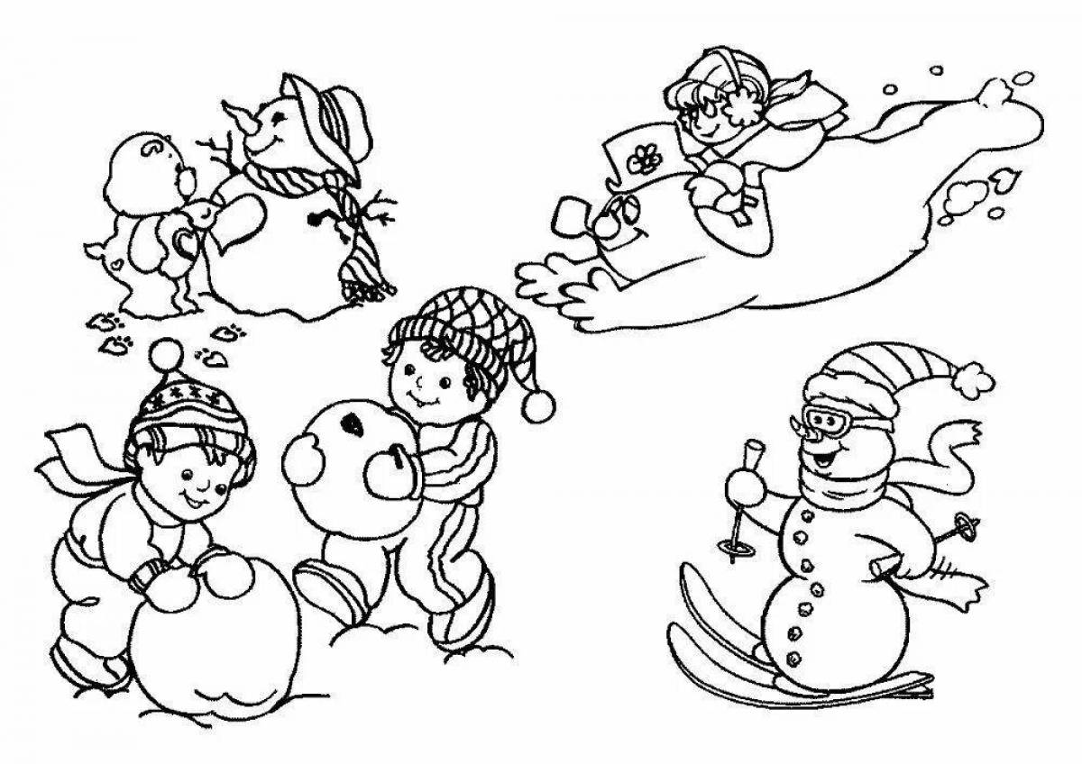 Coloring page funny kids playing snowballs