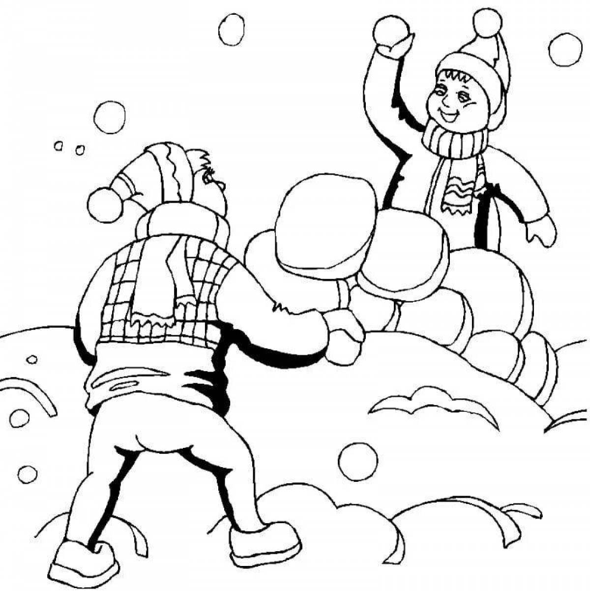 Coloring book funny kids playing snowballs