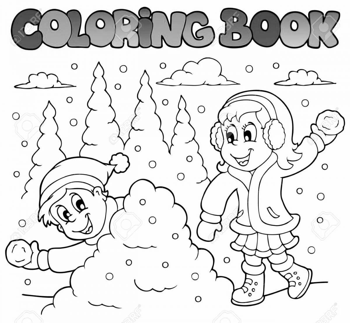 Coloring book bright children playing snowballs