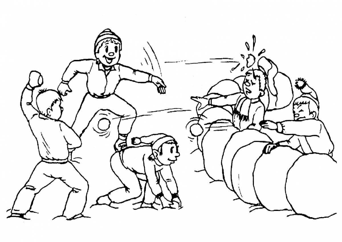 Coloring page excited children playing snowballs
