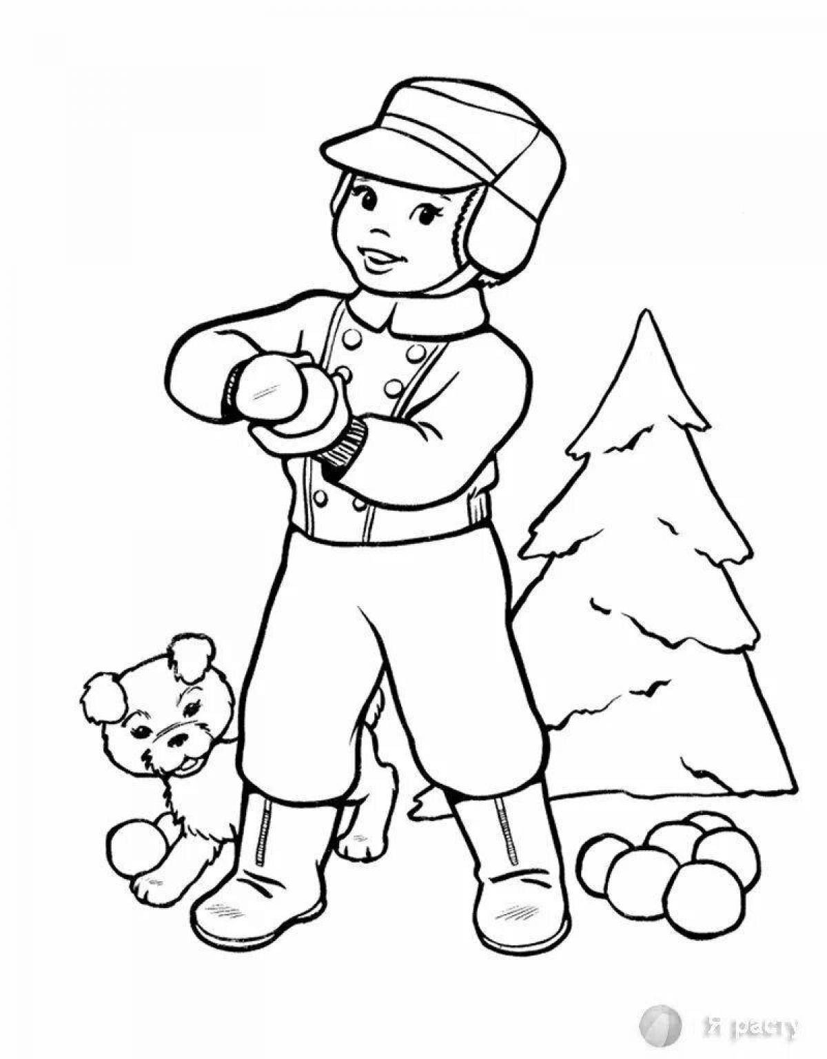 Animated children playing snowballs coloring book